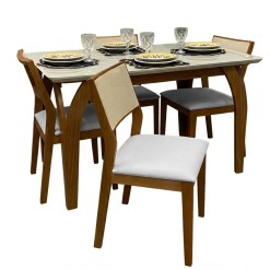 Mesa De Jantar Agata 135x90cm Com Vidro E 4 Cadeiras Oiti Em Linho Madeira Lj Moveis Cinamomo Off White Com Tecido Cinza 50017