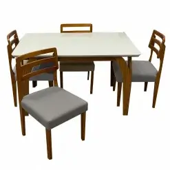 Mesa De Jantar Agata 135x90cm Com Vidro E 4 Cadeiras Turquia Em Linho Madeira Lj Moveis Cinamomo Off White Com Tecido Cinza 84746
