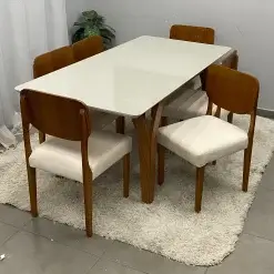 Mesa De Jantar Agata 180x90cm Com Vidro E 6 Cadeiras Barcelona Em Linho Madeira Lj Moveis 28820