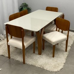 Mesa De Jantar Agata 180x90cm Com Vidro E 6 Cadeiras Barcelona Em Linho Madeira Lj Moveis 28820