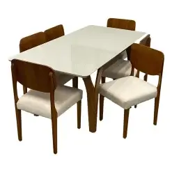 Mesa De Jantar Agata 180x90cm Com Vidro E 6 Cadeiras Barcelona Em Linho Madeira Lj Moveis Cinamomo Off White Com Tecido Bege 29200