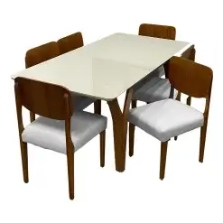 Mesa De Jantar Agata 180x90cm Com Vidro E 6 Cadeiras Barcelona Em Linho Madeira Lj Moveis Cinamomo Off White Com Tecido Cinza 45251