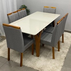 Mesa De Jantar Agata 180x90cm Com Vidro E 6 Cadeiras California Em Linho Estofadas Lj Moveis 56013