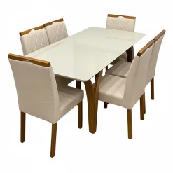 Mesa De Jantar Agata 180x90cm Com Vidro E 6 Cadeiras California Em Linho Estofadas Lj Moveis Cinamomo Off White Com Tecido Bege 32167