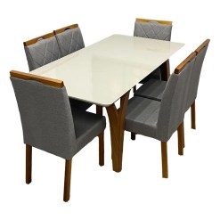 Mesa De Jantar Agata 180x90cm Com Vidro E 6 Cadeiras California Em Linho Estofadas Lj Moveis Cinamomo Off White Com Tecido Cinza 75230