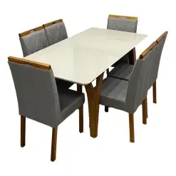 Mesa De Jantar Agata 180x90cm Com Vidro E 6 Cadeiras California Em Veludo Estofadas Lj Moveis Cinamomo Off White Com Tecido Cinza 78185
