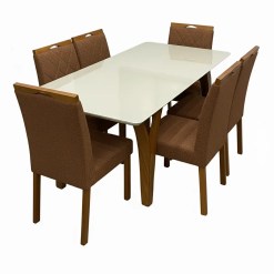 Mesa De Jantar Agata 180x90cm Com Vidro E 6 Cadeiras California Em Veludo Estofadas Lj Moveis Cinamomo Off White Com Tecido Marrom 92289