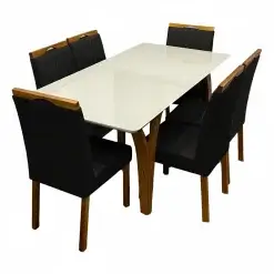 Mesa De Jantar Agata 180x90cm Com Vidro E 6 Cadeiras California Em Veludo Estofadas Lj Moveis Cinamomo Off White Com Tecido Preto 47417