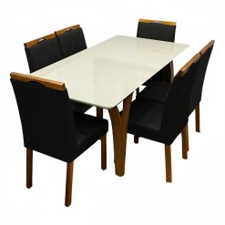 Mesa De Jantar Agata 180x90cm Com Vidro E 6 Cadeiras California Em Veludo Estofadas Lj Moveis Cinamomo Off White Com Tecido Preto 47417