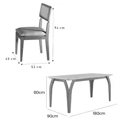 Mesa De Jantar Agata 180x90cm Com Vidro E 6 Cadeiras Canada Em Linho Madeira LJ Móveis 87525
