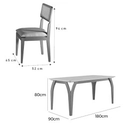 Mesa De Jantar Agata 180x90cm Com Vidro E 6 Cadeiras Canada Em Linho Madeira LJ Móveis 87525
