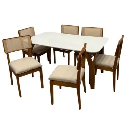 Mesa De Jantar Agata 180x90cm Com Vidro E 6 Cadeiras Canada Em Linho Madeira LJ Moveis Cinamomo Off White Com Tecido Bege 56526