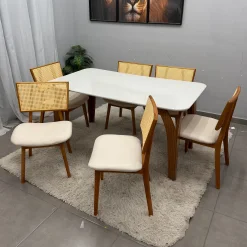 Mesa De Jantar Agata 180x90cm Com Vidro E 6 Cadeiras Diamante Em Linho Madeira Lj Moveis 66124