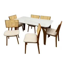 Mesa De Jantar Agata 180x90cm Com Vidro E 6 Cadeiras Diamante Em Linho Madeira Lj Moveis Cinamomo Off White Com Tecido Bege 32572