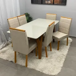 Mesa De Jantar Agata 180x90cm Com Vidro E 6 Cadeiras Giulia Em Linho Estofadas Lj Moveis 95522