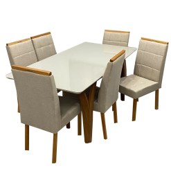 Mesa De Jantar Agata 180x90cm Com Vidro E 6 Cadeiras Giulia Em Linho Estofadas Lj Moveis Cinamomo Off White Com Tecido Bege 47625