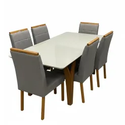 Mesa De Jantar Agata 180x90cm Com Vidro E 6 Cadeiras Giulia Em Linho Estofadas Lj Moveis Cinamomo Off White Com Tecido Cinza 83859