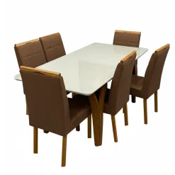 Mesa De Jantar Agata 180x90cm Com Vidro E 6 Cadeiras Giulia Em Veludo Estofadas Lj Moveis Cinamomo Off White Com Tecido Marrom 26807