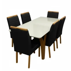 Mesa De Jantar Agata 180x90cm Com Vidro E 6 Cadeiras Giulia Em Veludo Estofadas Lj Moveis Cinamomo Off White Com Tecido Preto 48911