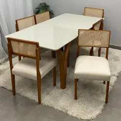 Mesa De Jantar Agata 180x90cm Com Vidro E 6 Cadeiras Grecia Em Linho Madeira Lj Moveis 27362