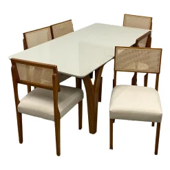 Mesa De Jantar Agata 180x90cm Com Vidro E 6 Cadeiras Grecia Em Linho Madeira Lj Moveis Cinamomo Off White Com Tecido Bege 11133