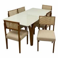 Mesa De Jantar Agata 180x90cm Com Vidro E 6 Cadeiras Grecia Em Linho Madeira Lj Moveis Cinamomo Off White Com Tecido Bege 77922
