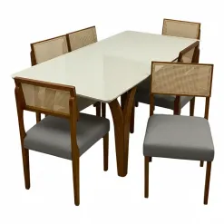 Mesa De Jantar Agata 180x90cm Com Vidro E 6 Cadeiras Grecia Em Linho Madeira Lj Moveis Cinamomo Off White Com Tecido Cinza 27722