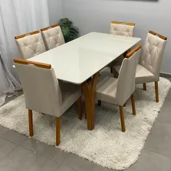 Mesa De Jantar Agata 180x90cm Com Vidro E 6 Cadeiras Jasmim Em Linho Estofadas Lj Moveis 15533