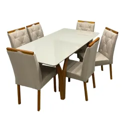 Mesa De Jantar Agata 180x90cm Com Vidro E 6 Cadeiras Jasmim Em Linho Estofadas Lj Moveis Cinamomo Off White Com Tecido Bege 29565