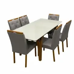 Mesa De Jantar Agata 180x90cm Com Vidro E 6 Cadeiras Jasmim Em Linho Estofadas Lj Moveis Cinamomo Off White Com Tecido Cinza 28251