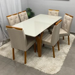 Mesa De Jantar Agata 180x90cm Com Vidro E 6 Cadeiras Jasmim Em Veludo Estofadas Lj Moveis 12125