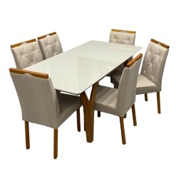 Mesa De Jantar Agata 180x90cm Com Vidro E 6 Cadeiras Jasmim Em Veludo Estofadas Lj Moveis Cinamomo Off White Com Tecido Bege 97190