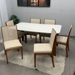 Mesa De Jantar Agata 180x90cm Com Vidro E 6 Cadeiras Lara Kappesberg Em Linho Madeira Lj Moveis 18273