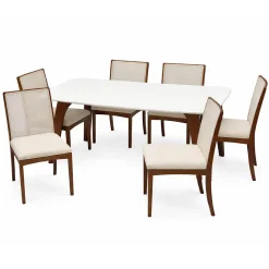 Mesa De Jantar Agata 180x90cm Com Vidro E 6 Cadeiras Lara Kappesberg Em Linho Madeira Lj Moveis Cinamomo Off White Com Tecido Bege 64697