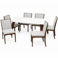 Mesa De Jantar Agata 180x90cm Com Vidro E 6 Cadeiras Lara Kappesberg Em Linho Madeira Lj Moveis Cinamomo Off White Com Tecido Cinza 76425
