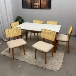 Mesa De Jantar Agata 180x90cm Com Vidro E 6 Cadeiras Livia Em Linho Madeira Lj Moveis 61788
