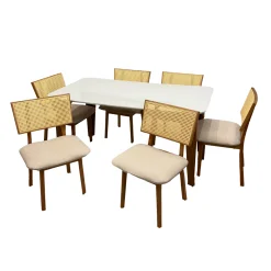 Mesa De Jantar Agata 180x90cm Com Vidro E 6 Cadeiras Livia Em Linho Madeira Lj Moveis Cinamomo Off White Com Tecido Bege 42419