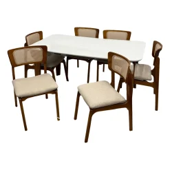 Mesa De Jantar Agata 180x90cm Com Vidro E 6 Cadeiras New Viena Em Linho Madeira Lj Moveis Cinamomo Off White Com Tecido Bege 16261