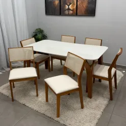 Mesa De Jantar Agata 180x90cm Com Vidro E 6 Cadeiras Oiti Em Linho Madeira Lj Moveis 14538