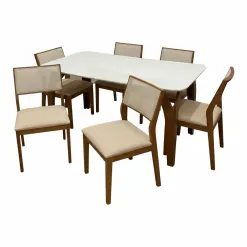 Mesa De Jantar Agata 180x90cm Com Vidro E 6 Cadeiras Oiti Em Linho Madeira Lj Moveis Cinamomo Off White Com Tecido Bege 65598