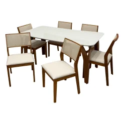 Mesa De Jantar Agata 180x90cm Com Vidro E 6 Cadeiras Oiti Em Linho Madeira Lj Moveis Cinamomo Off White Com Tecido Bege 78906