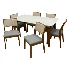 Mesa De Jantar Agata 180x90cm Com Vidro E 6 Cadeiras Oiti Em Linho Madeira Lj Moveis Cinamomo Off White Com Tecido Cinza 59626