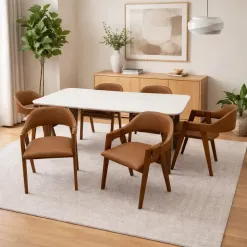 Mesa De Jantar Agata 180x90cm Com Vidro E 6 Cadeiras Perola Em Corino Madeira Lj Moveis 57709