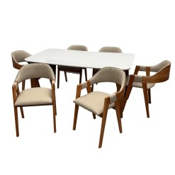 Mesa De Jantar Agata 180x90cm Com Vidro E 6 Cadeiras Perola Em Linho Madeira Lj Moveis Cinamomo Off White Com Tecido Bege 62102