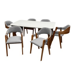 Mesa De Jantar Agata 180x90cm Com Vidro E 6 Cadeiras Perola Em Linho Madeira Lj Moveis Cinamomo Off White Com Tecido Cinza 38286