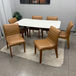 Mesa De Jantar Agata 180x90cm Com Vidro E 6 Cadeiras Sofia Em Corino Madeira Lj Moveis 96303