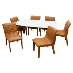 Mesa De Jantar Agata 180x90cm Com Vidro E 6 Cadeiras Sofia Em Corino Madeira Lj Moveis Cinamomo Off White Com Tecido Caramelo 15522