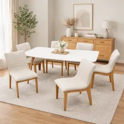 Mesa De Jantar Agata 180x90cm Com Vidro E 6 Cadeiras Sofia Em Linho Madeira Lj Moveis 96537