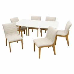 Mesa De Jantar Agata 180x90cm Com Vidro E 6 Cadeiras Sofia Em Linho Madeira Lj Moveis Cinamomo Off White Com Tecido Bege 78473