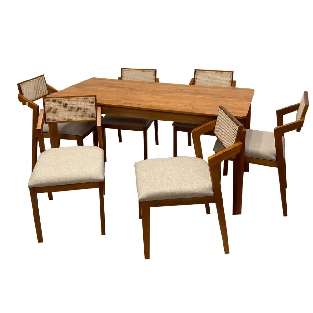 Mesa De Jantar Alegra 160x80cm Sem Vidro E 6 Cadeiras Berlim Madeira Em Linho Jcm Cinamomo Com Tecido Bege 85586